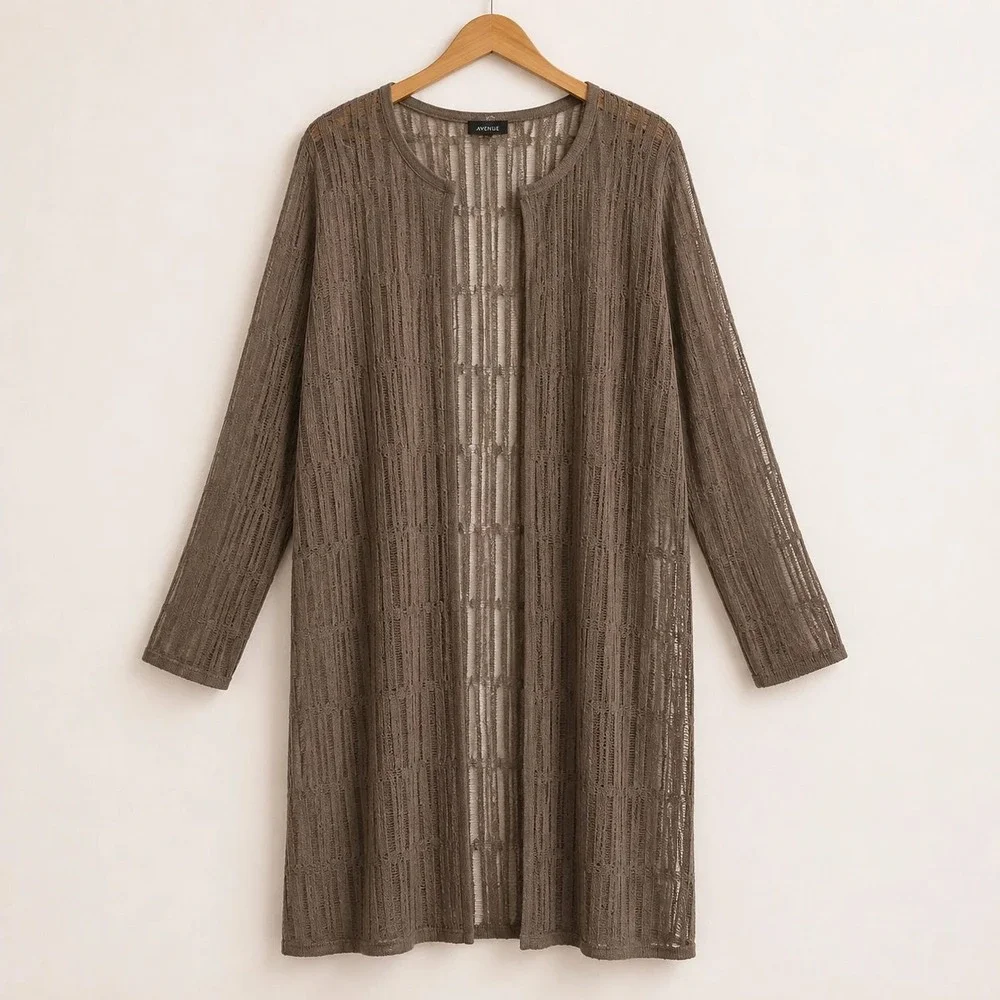 NWT Akris Cardigan Womens 14 Brown Linen Open Long Sleeve Mesh Duster Luxury